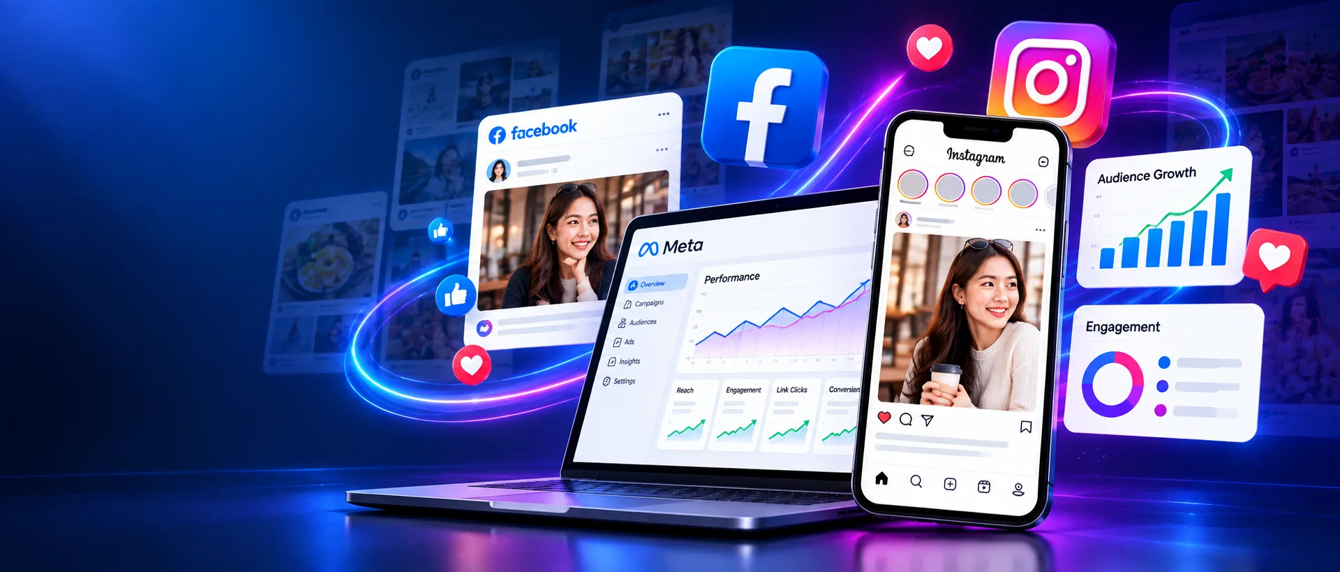 Facebook and Instagram marketing hero artwork: a Meta Business Suite dashboard on a laptop beside an Instagram feed on a phone, with floating Facebook and Instagram icons, audience growth and engagement charts