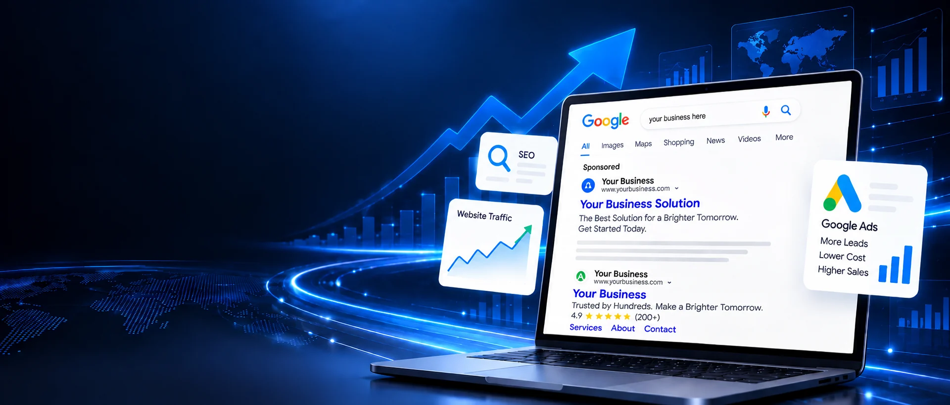 Search engine optimisation and paid search hero artwork: a device showing a Google search result page for your business, with floating cards for SEO, website traffic, Google Ads and a map of search visibility