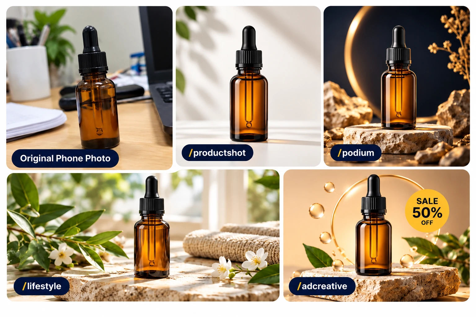One phone photo of a serum bottle turned into a clean product shot, a podium shot, a lifestyle scene and an ad creative