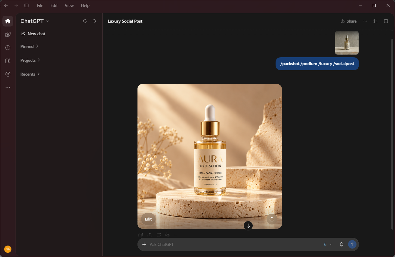 A ChatGPT window where four shortcuts - /packshot /podium /luxury /socialpost - were typed into one message, next to the luxury product image it produced