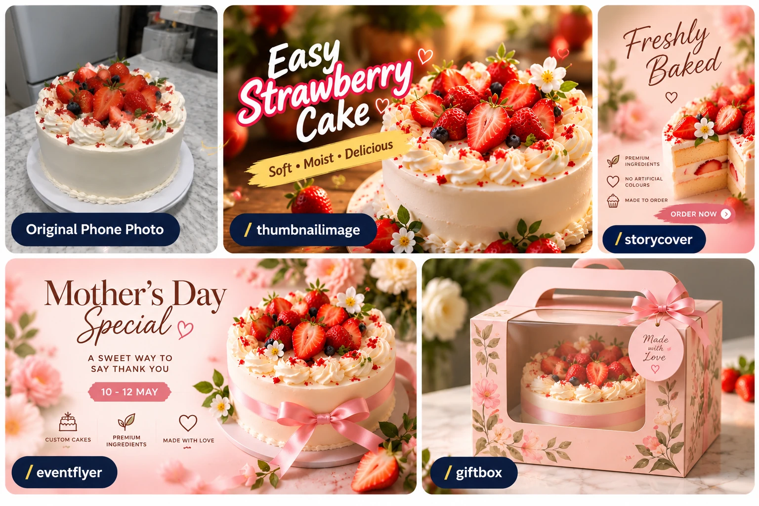One phone photo of a strawberry cream cake turned into a promotional thumbnail, a story cover, an event flyer and a gift box
