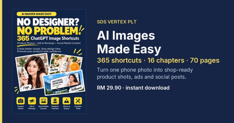 AI Images Made Easy share card: 365 ChatGPT shortcuts, 70 pages, RM 29.90 instant download