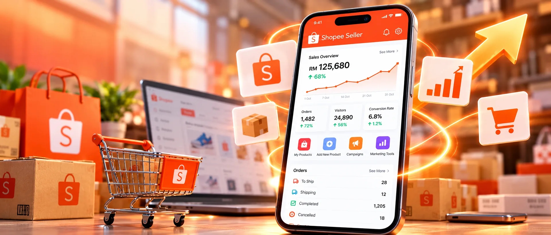 Shopee ads management hero artwork: a phone showing a Shopee Seller sales dashboard on a desk, with floating store icons, a Shopee shopping bag, packed parcels and a rising arrow
