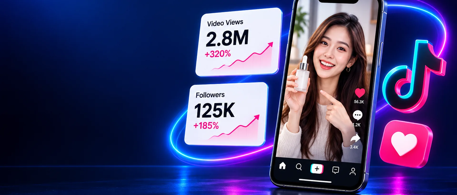TikTok marketing hero artwork: a phone playing a short-form creator video, with floating growth panels showing rising video views and followers, plus the TikTok note mark and a like tile