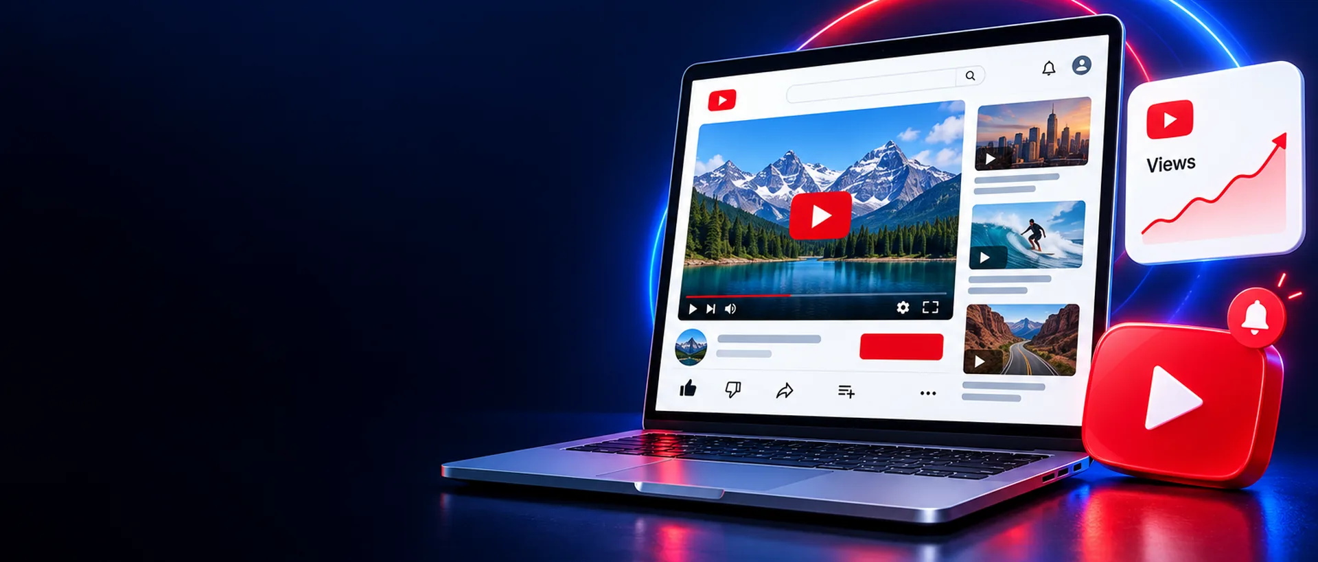 YouTube marketing hero artwork: a laptop showing a video platform page with a landscape video and recommendation thumbnails, plus a Views card with a rising sparkline