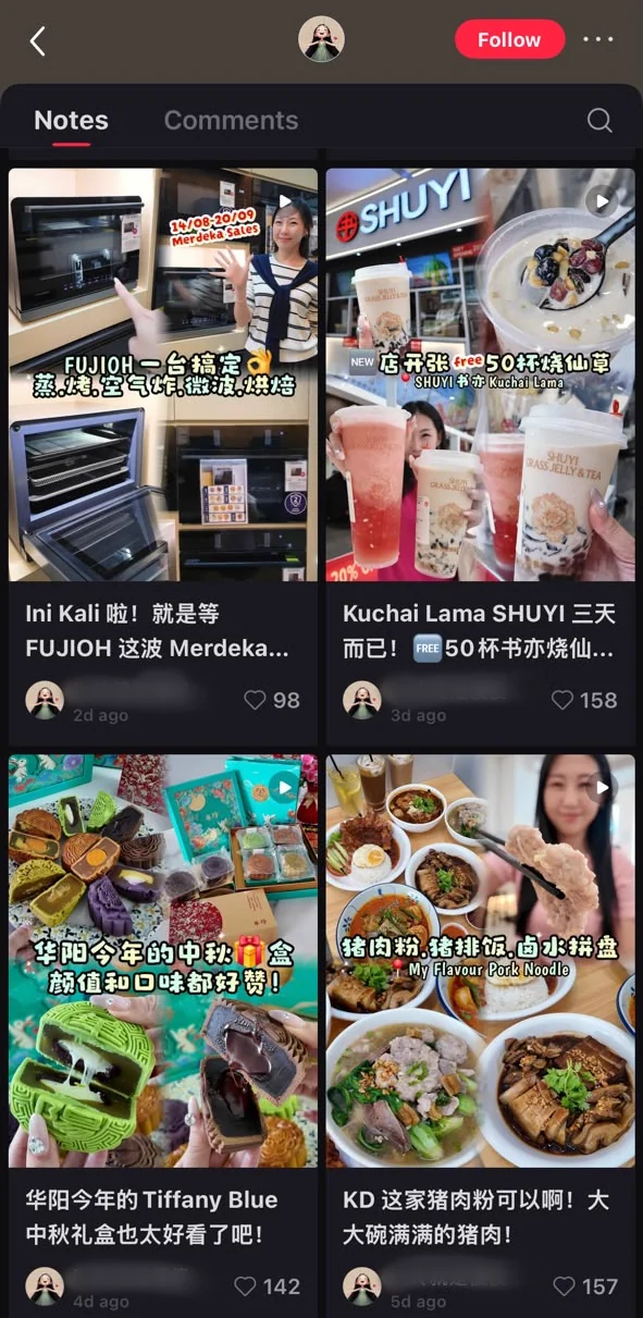 Xiaohongshu KOL account (lifestyle, food and festive gifting): a grid of four posts from the creator, with the account handle masked
