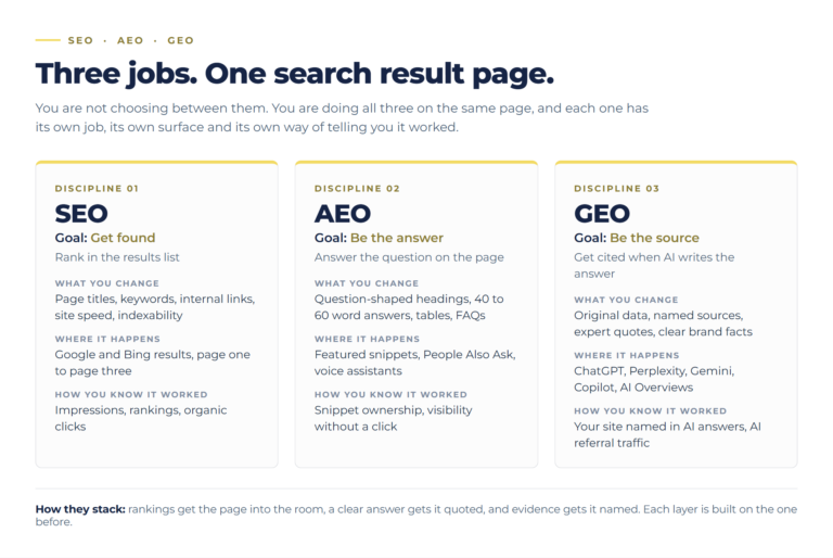 Comparison of SEO, AEO and GEO showing what each one changes, where it appears and how success is measured